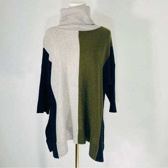 Curio New York Black, Green & Tan Colorblock Cowl Neck Sweater Size M - Picture 1 of 7